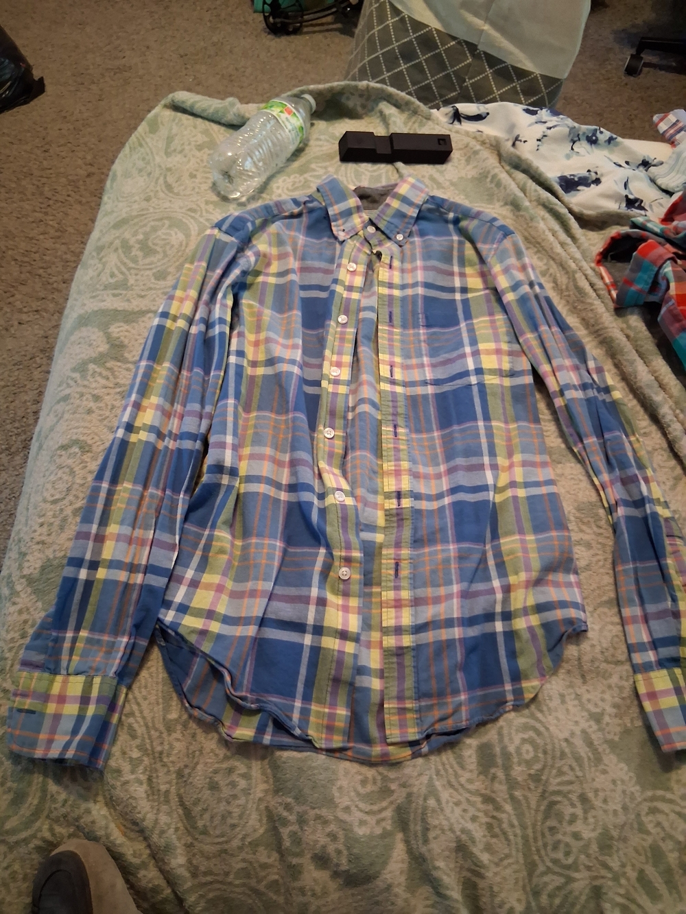 J. Crew Blue Plaid Button-Down Shirt with Yellow and Green Accents